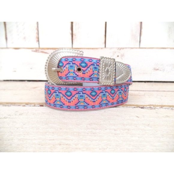 Southwestern pink/blue  woven cloth tribal belt/vintage western belt - Picture 2 of 5